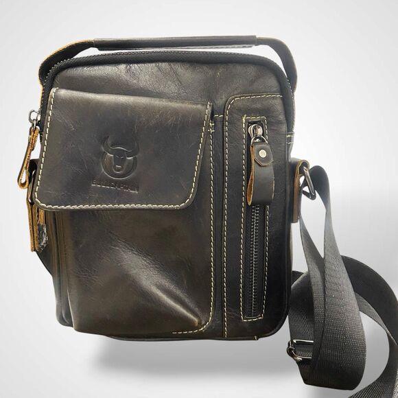 Bull Captain Men Crossbody Bag Distressed Brown Genuine Leather Adjustable Strap - Picture 1 of 8